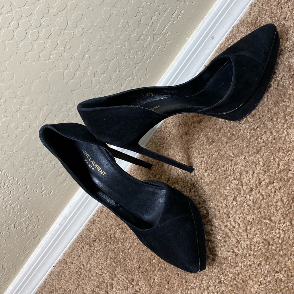 Ysl Black Suede Closed Pointed Toe Platform Heels